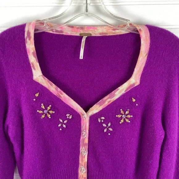 Free People Sweater Cardigan Medium Purple Wool Blend Rhinestone Embellished - Picture 2 of 10